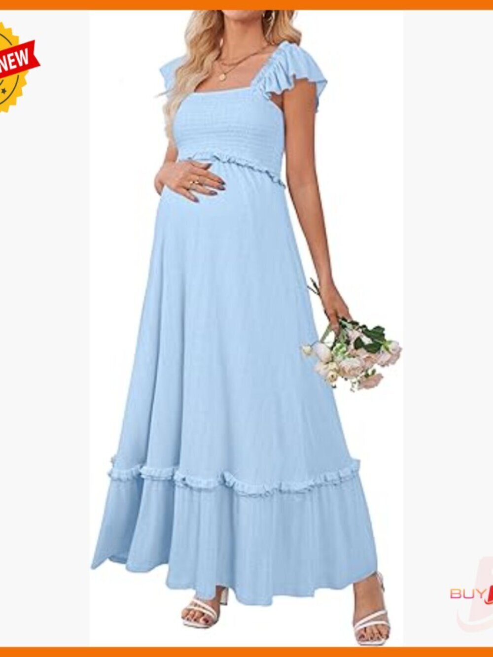 Maternity Maxi Dress with Smocked Waist, Ruffle Sleeves for Baby Shower